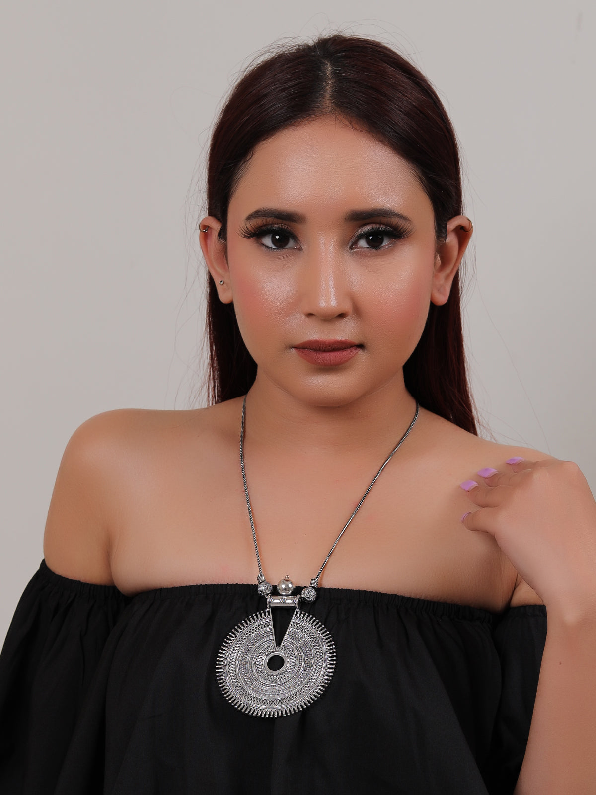 Concentric Circles Statement Pendant Silver Finish Baroque Necklace