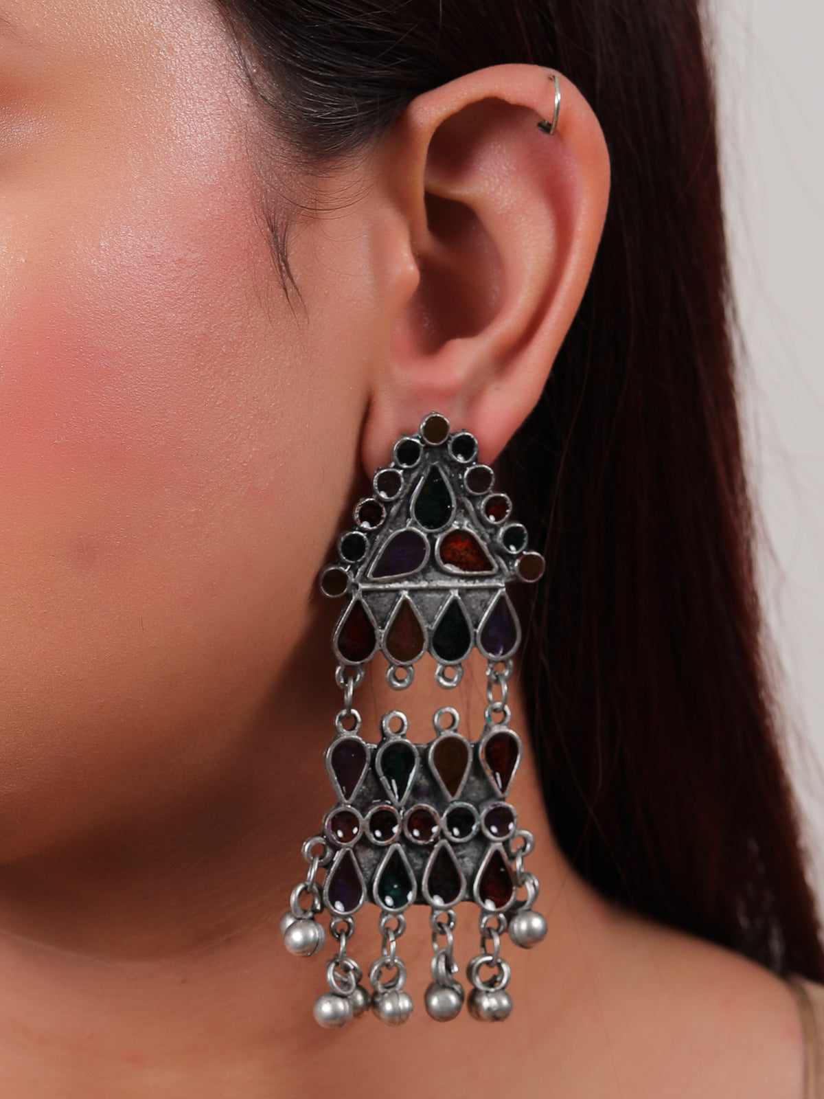 Multi-Color Rhinestones Embedded Oxidised Finish Statement Long Afghani Earrings