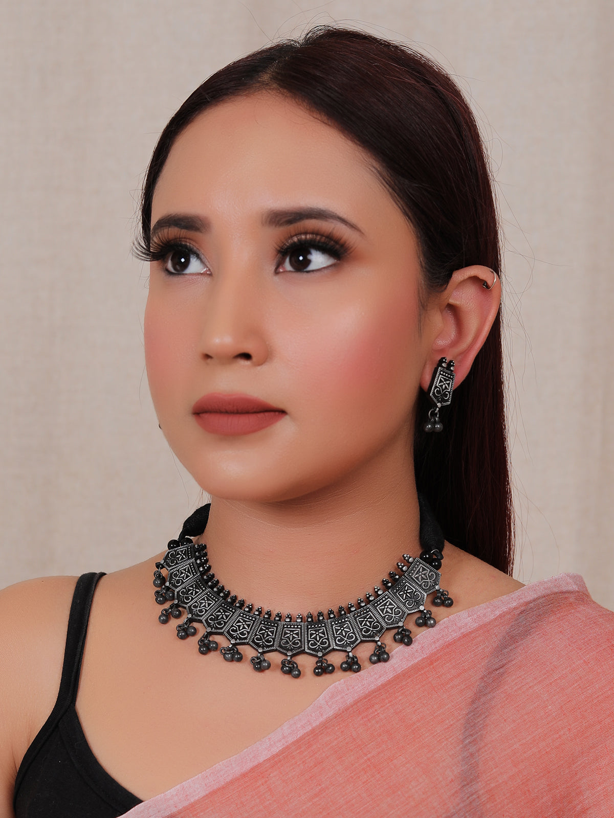 Oxidised Finish Ghungroo Beads Embellished Adjustable Thread Choker Necklace Set