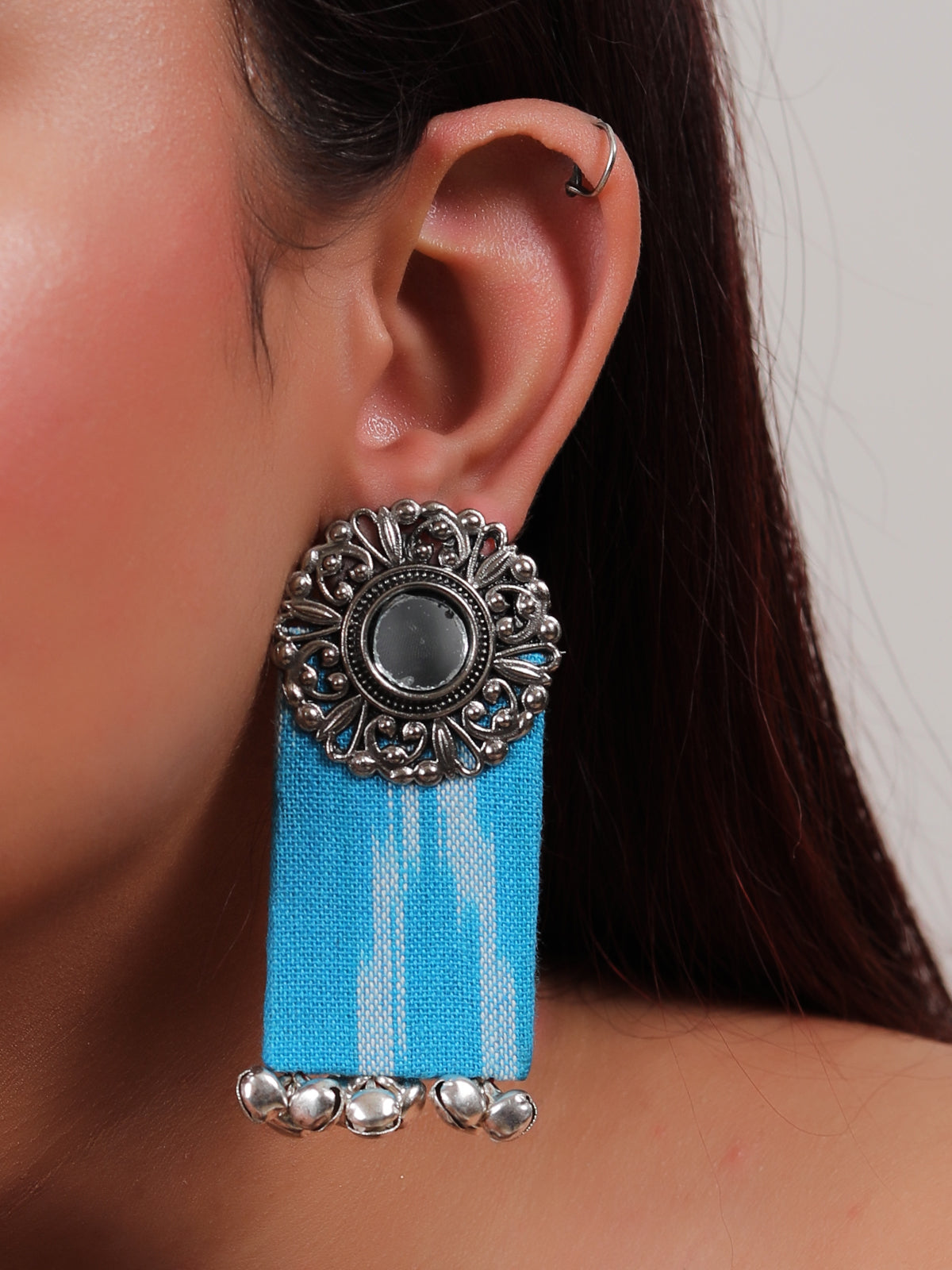 Blue Ikat Fabric Mirror Earrings