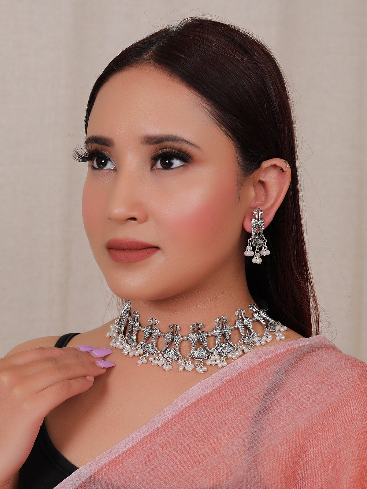 Peacock Motif thread Closure Choker Necklace Set with Long Dangler Earrings