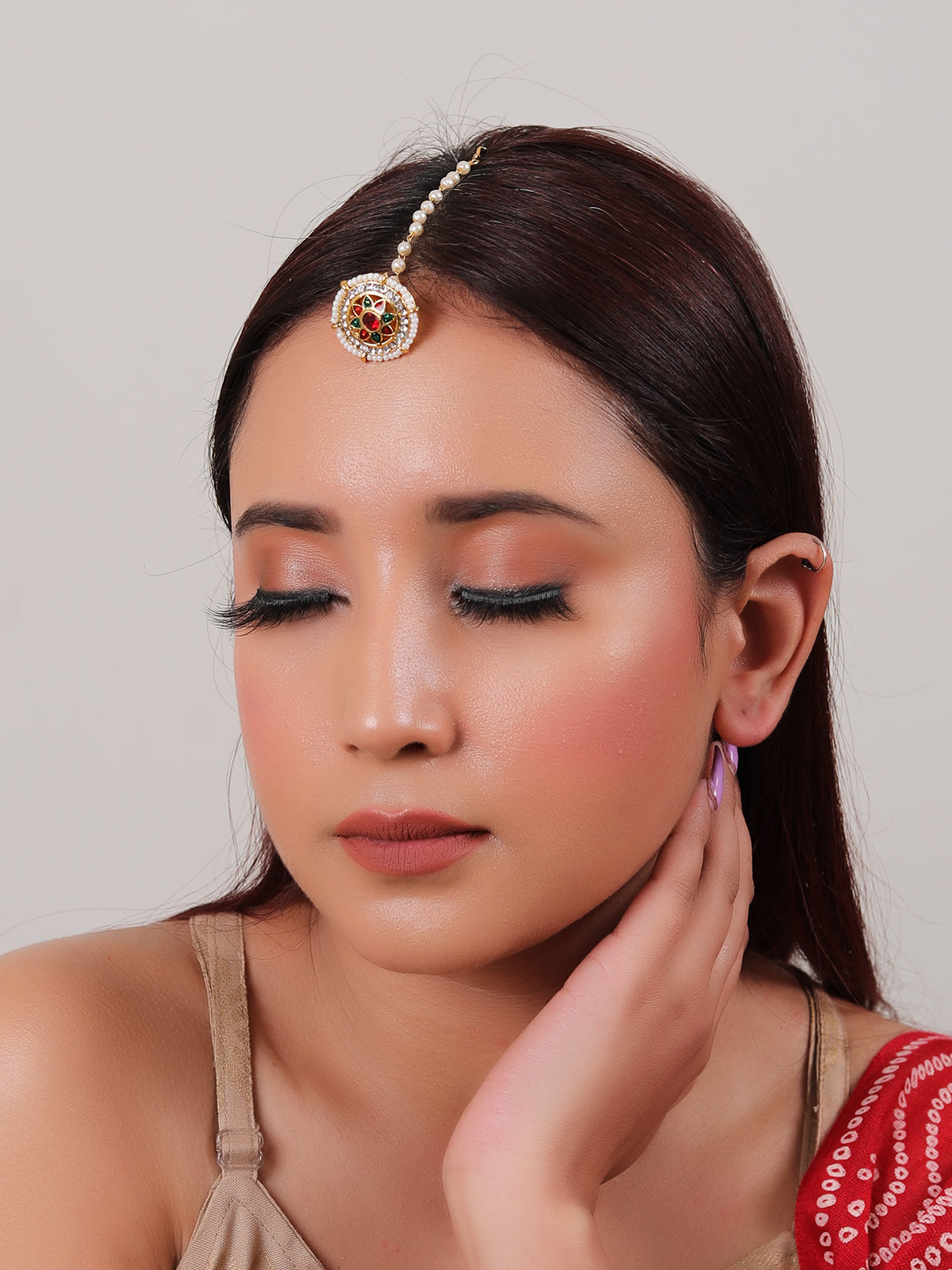 Red & Green Glass Stones and White Beads Gold Toned Traditional Rajasthani Jodha Borla (Mangtika)