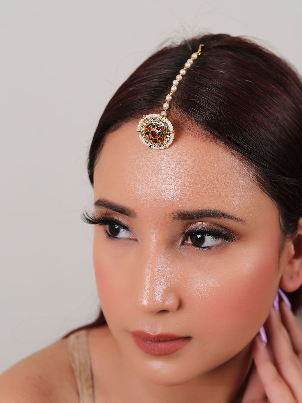 Red & Green Glass Stones and White Beads Gold Toned Traditional Rajasthani Jodha Borla (Mangtika)