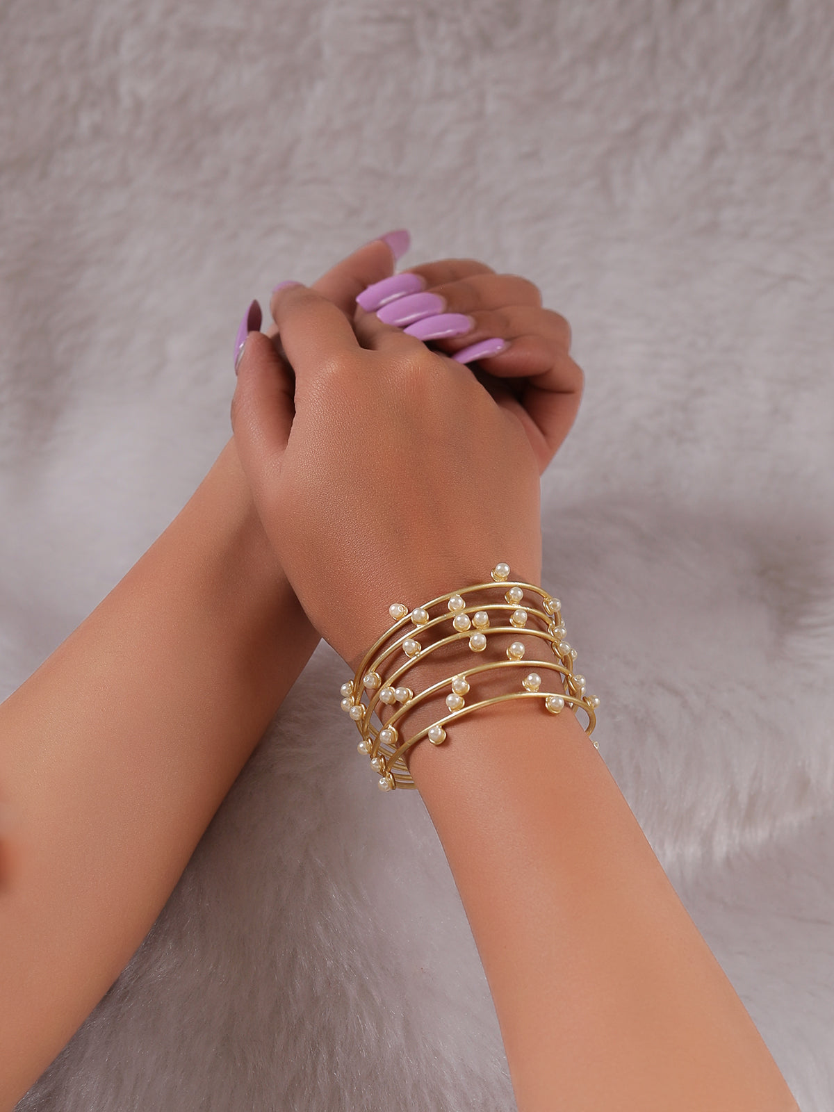 5 Layer Pearl Beads Embedded Gold Finish Adjustable Brass Bracelet