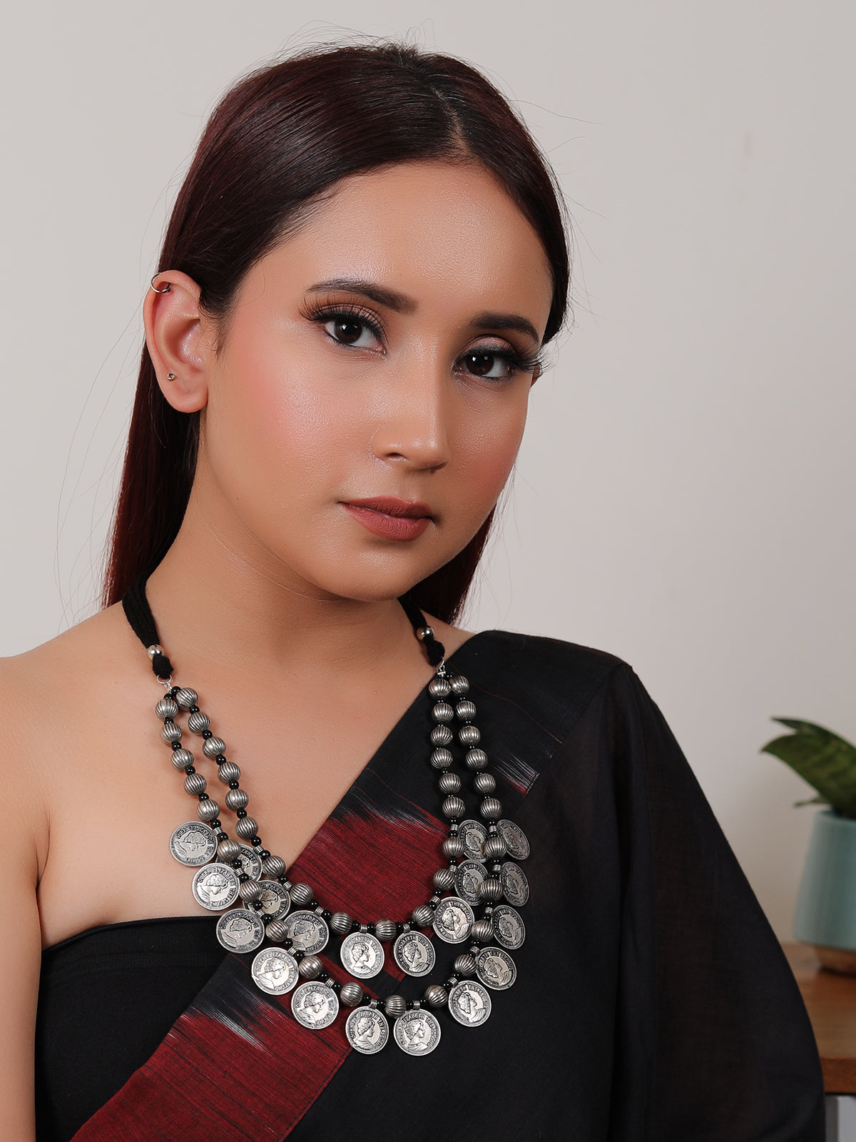 Stamped Coins 2 Layer Elaborate Necklace with Adjustable Thread Closure