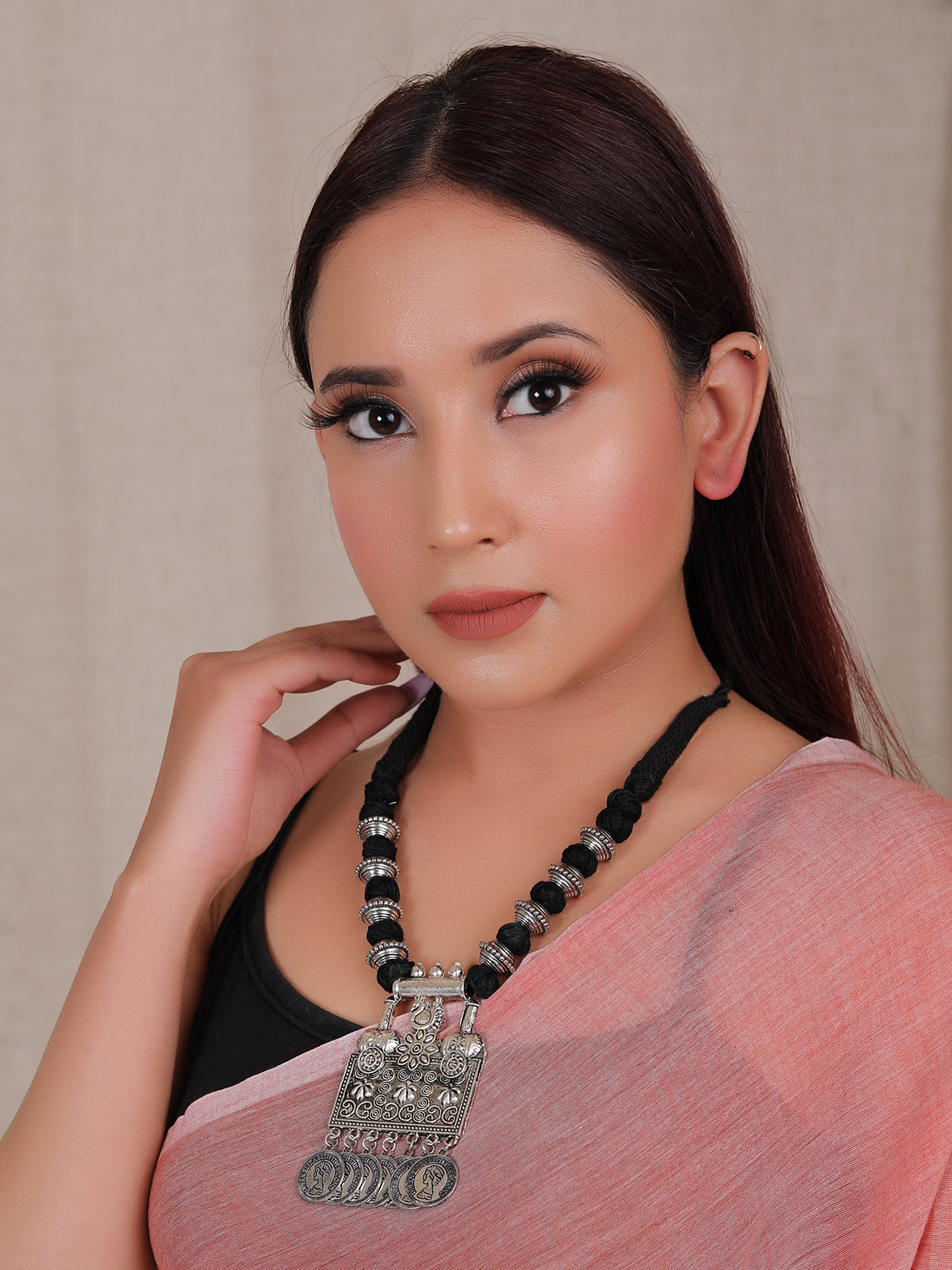 Intricately Detailed Statement Pendant Necklace with Stamped Coins and Thread Closure