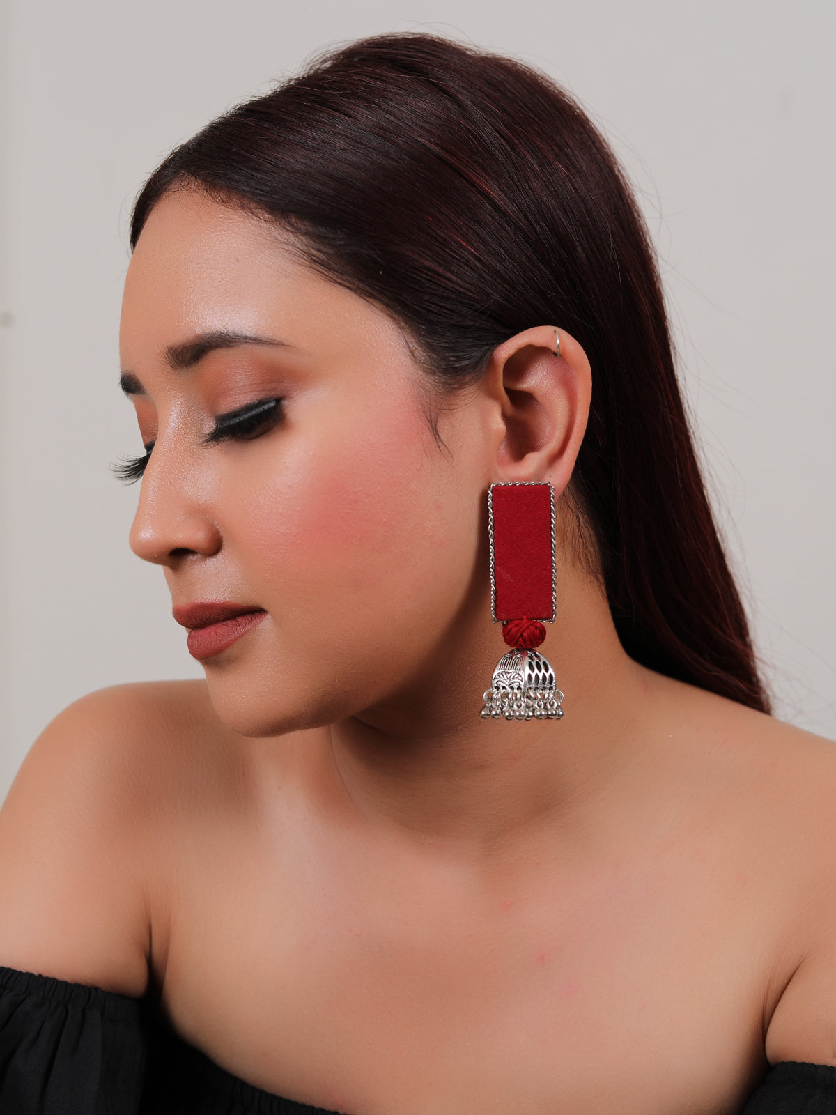 Red Woven Fabric Long Dangler Jhumka Earrings