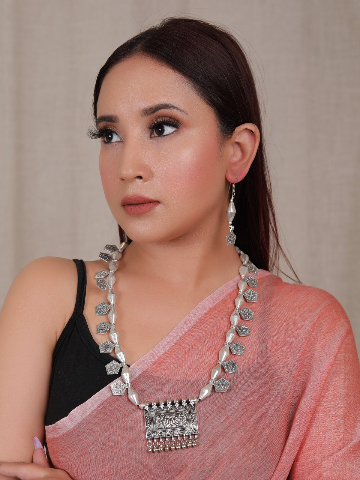 Dholki Beads and Stamped Coins Embellished Ganesha Motif Necklace Set
