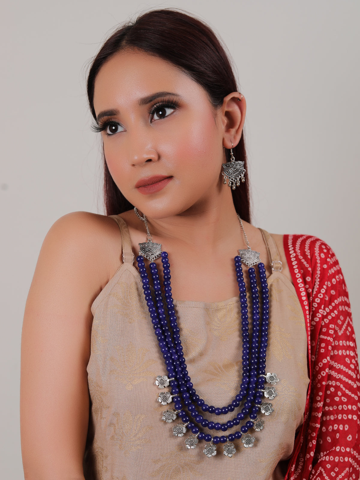 Royal Blue Glass Beads 3 Layer Necklace Set Embellished with Delicate Flower Motif Charms