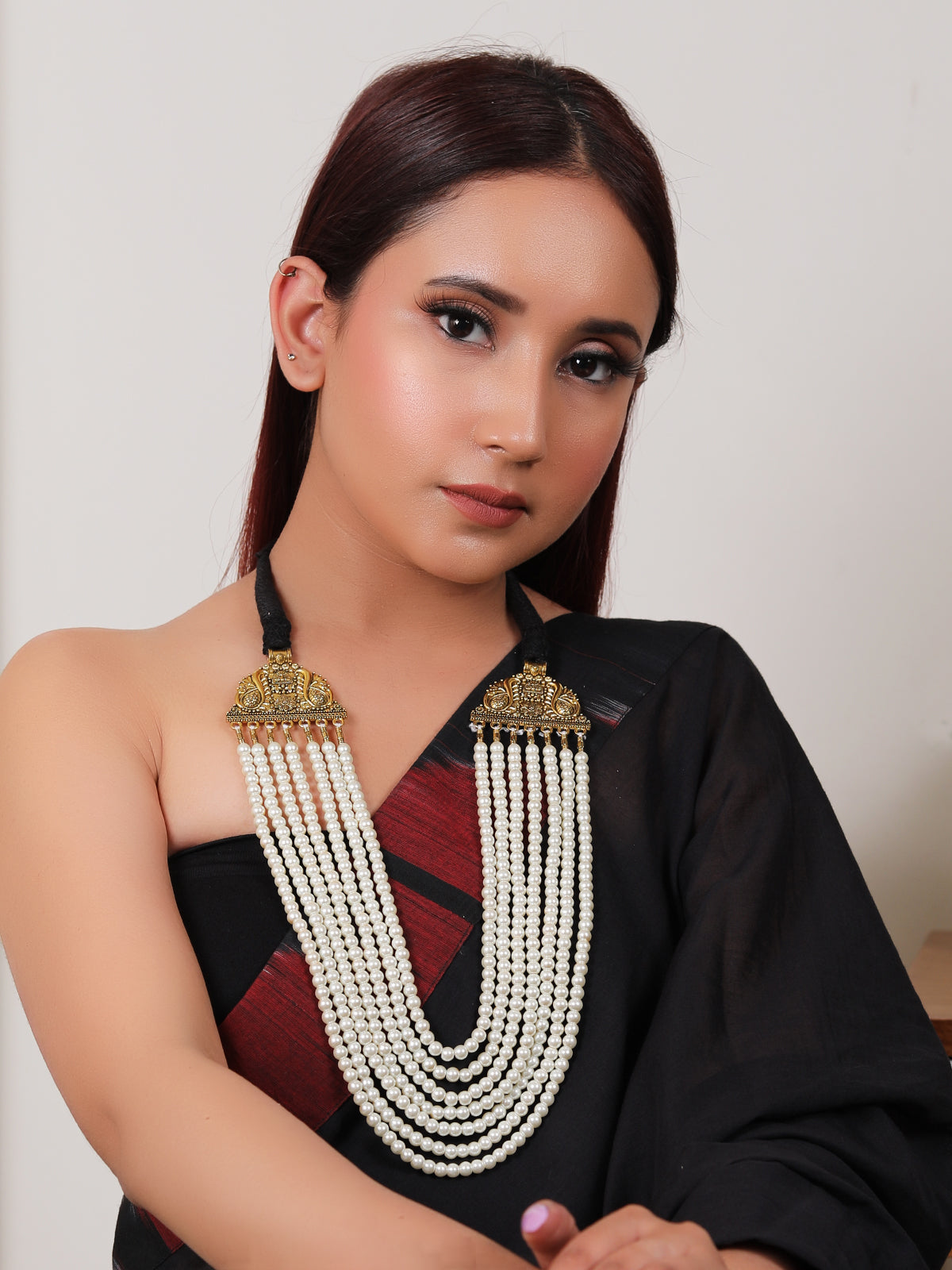 Multi-Layer Stringed Pearls Antique Gold Finish Necklace