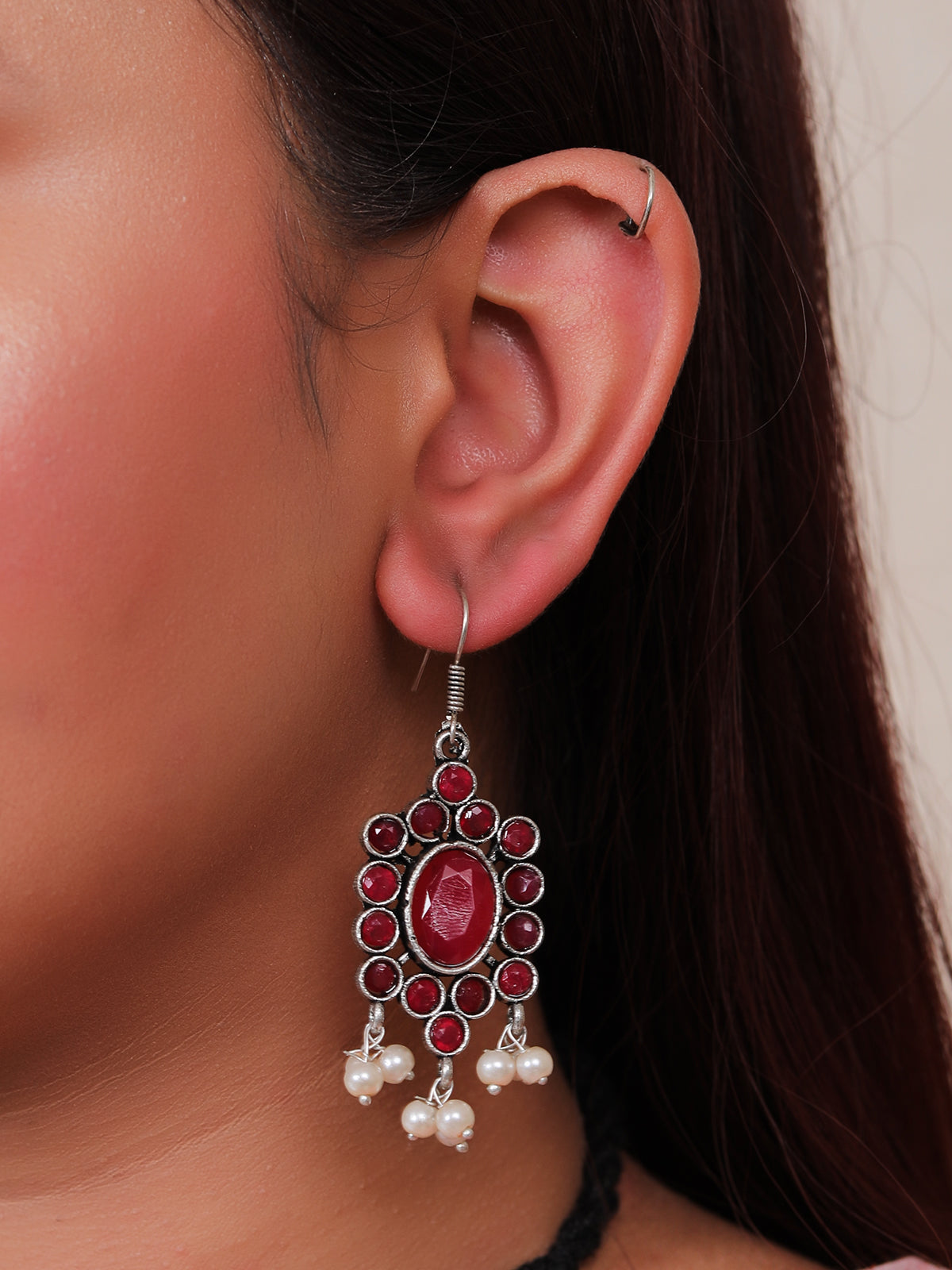 Pink Stones Embedded Thread Closure Choker Necklace Set