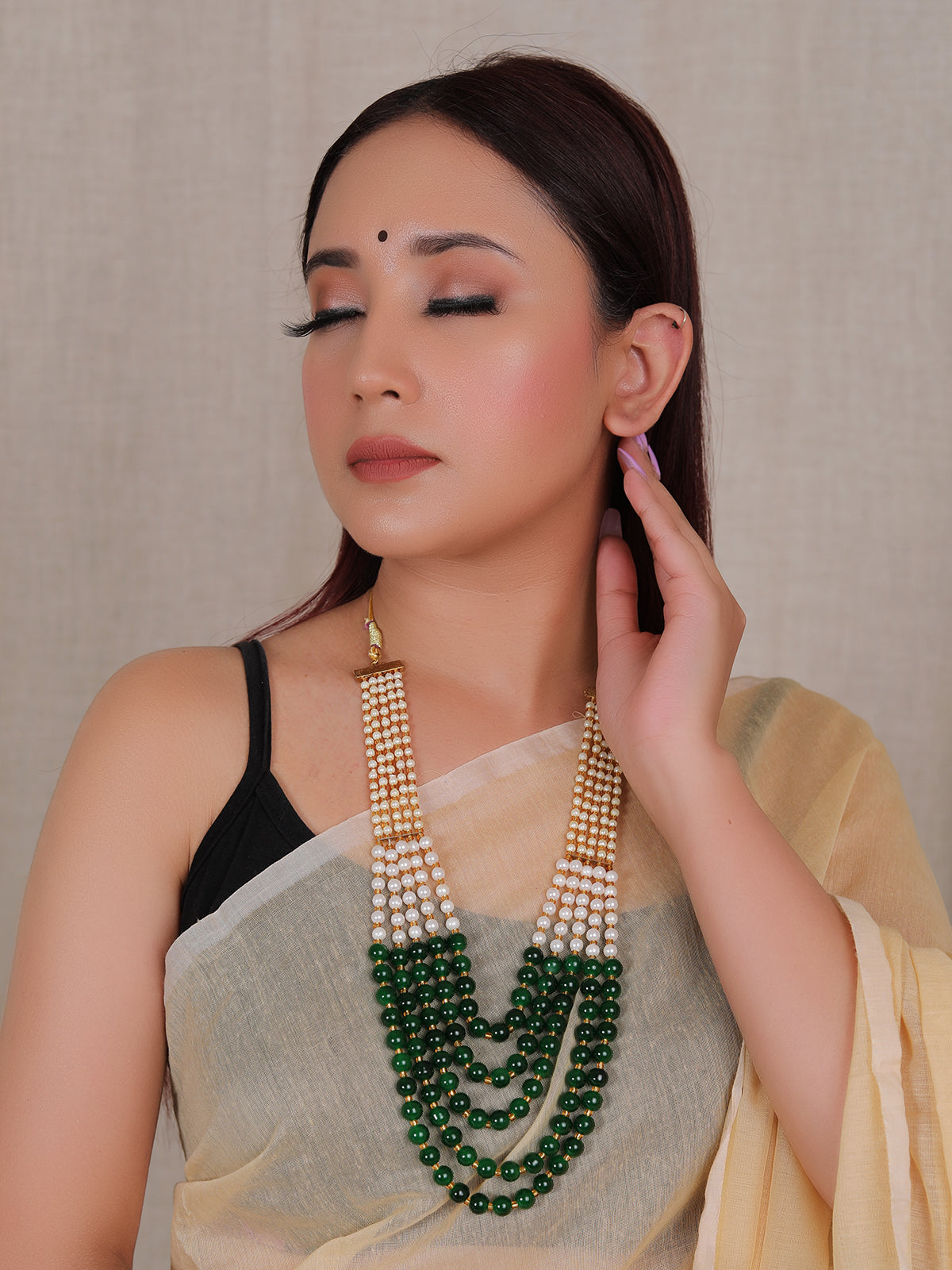 Green & White Glass Beads Intertwined with Golden Beads Adjustable Thread Ethnic Necklace