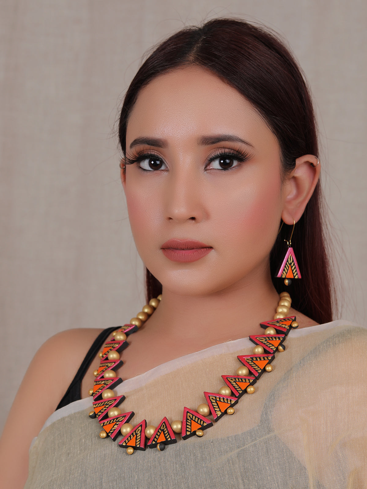 Vibrant Multi-Color Handcrafted Terracotta Clay Necklace Set with Thread Closure