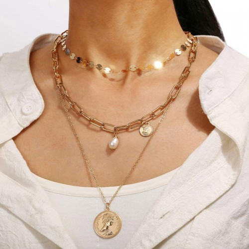 3 Layered Coin Inspired Gold Plated Chain Necklace