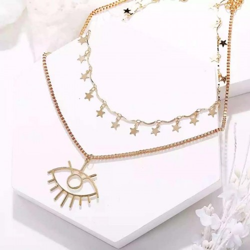 2 Layered Star Charms and Eye Motif Gold Plated Chain Necklace