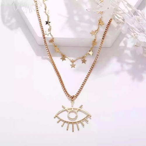 2 Layered Star Charms and Eye Motif Gold Plated Chain Necklace