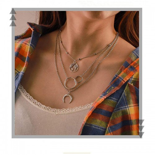 3 Layered Global Cross Ring Design Silver Plated Necklace