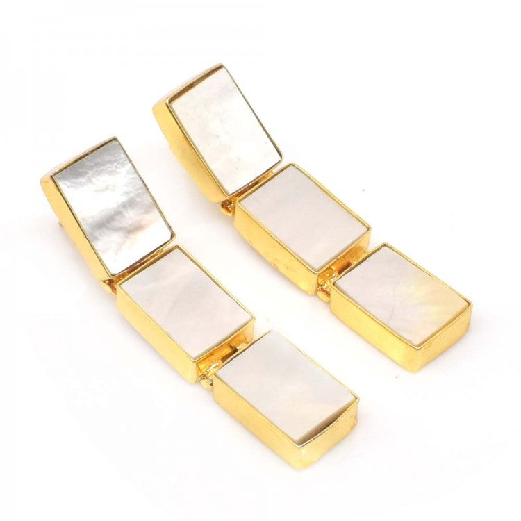 Rectangular Mother Of Pearl Gemstone Gold Plated Tennis Earrings