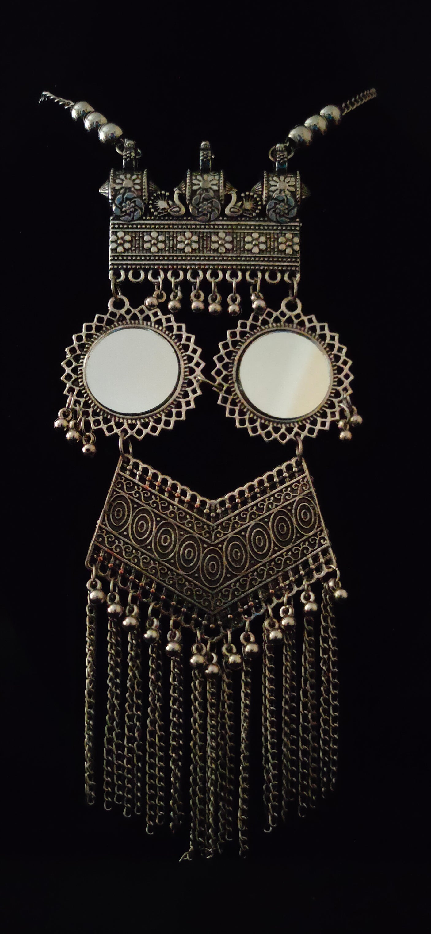 Oxidised Silver Long Chain Mirror Work Necklace Set