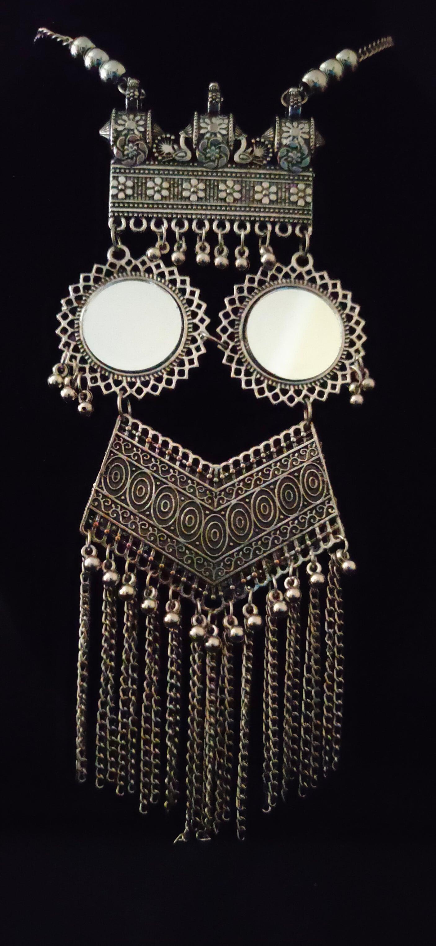 Oxidised Silver Long Chain Mirror Work Necklace Set