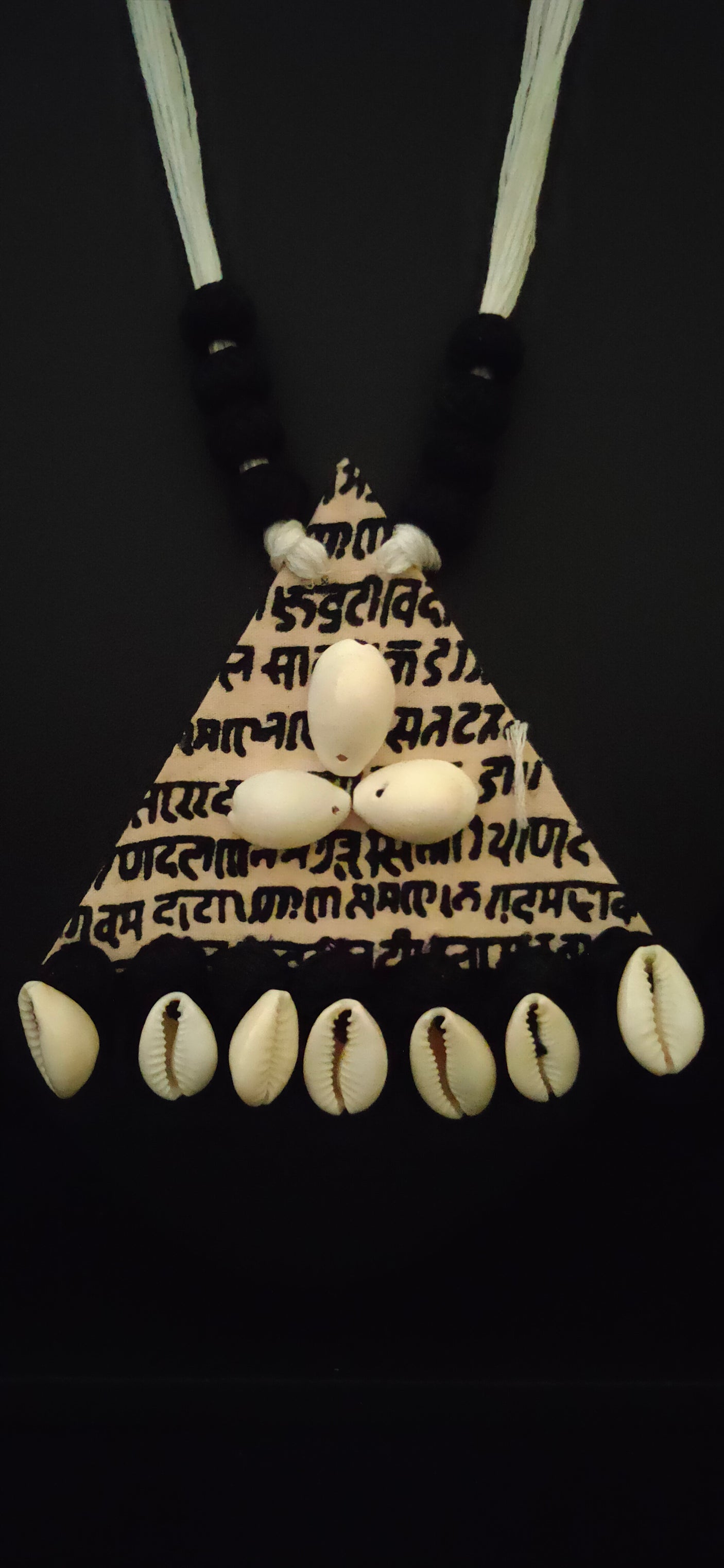 Mantra Printed Fabric and Shell Work Necklace Set with Thread Closure