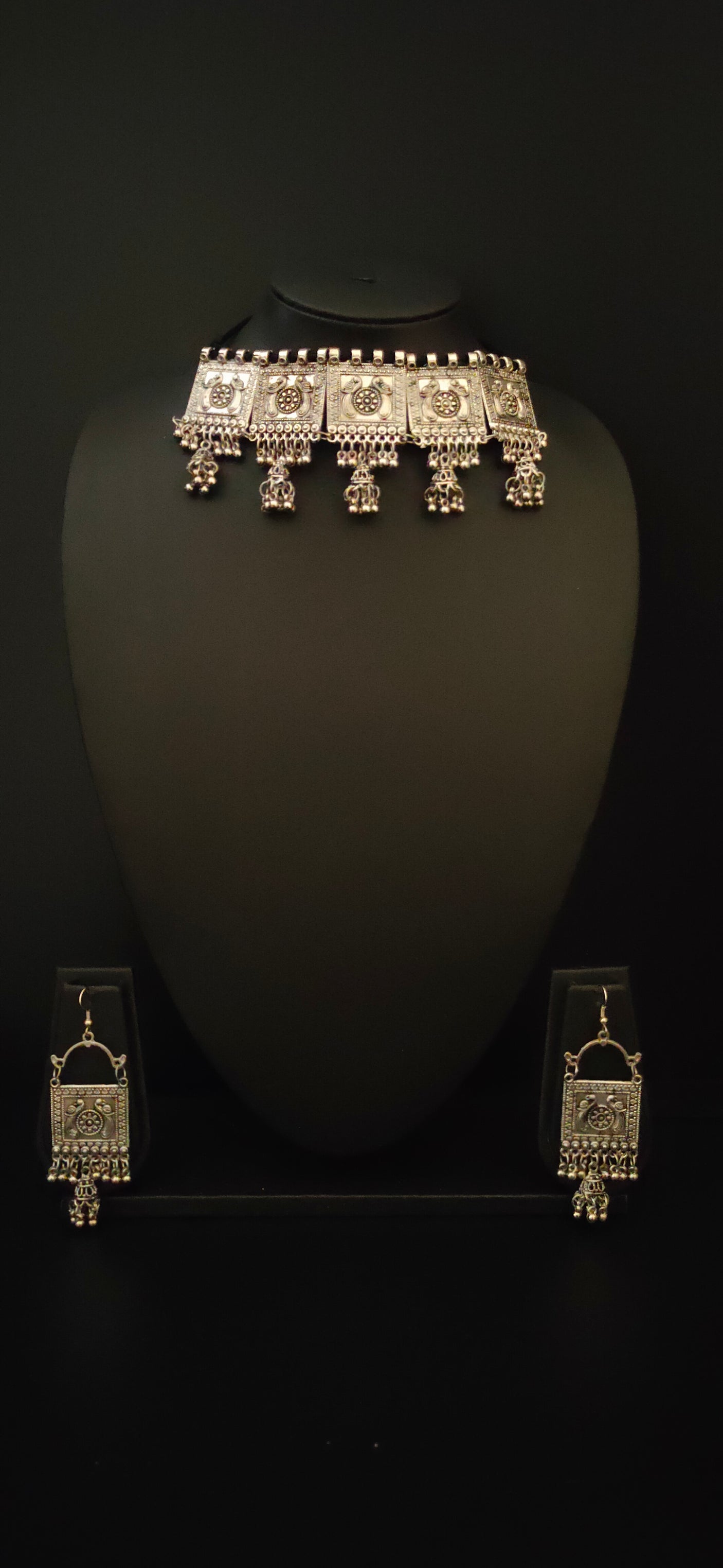 Oxidised Silver Peacock Choker Necklace Set with Metal Beads