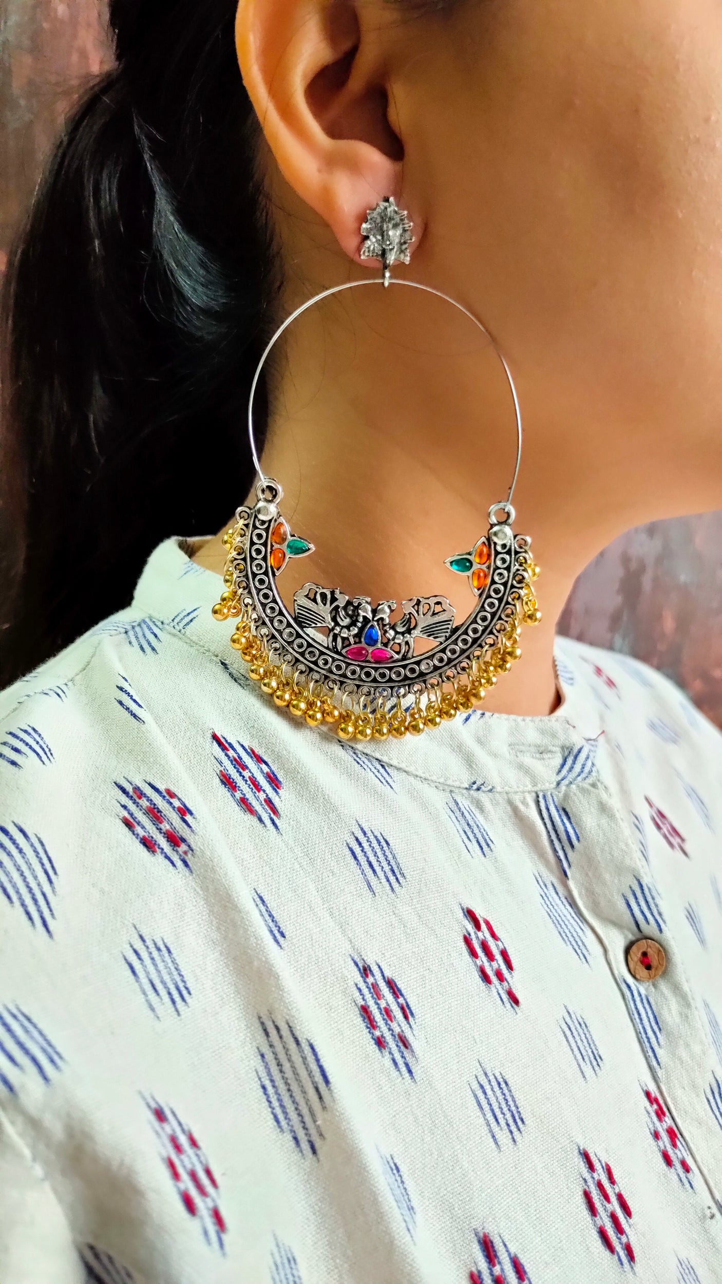 Peacock Detailing Chandbali with Multi-Color Rhinestones and Golden Beads