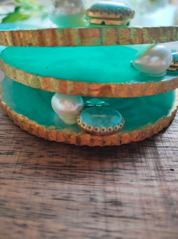 Sky Blue Coasters with Gold Detailing and Stones (Set of 6)