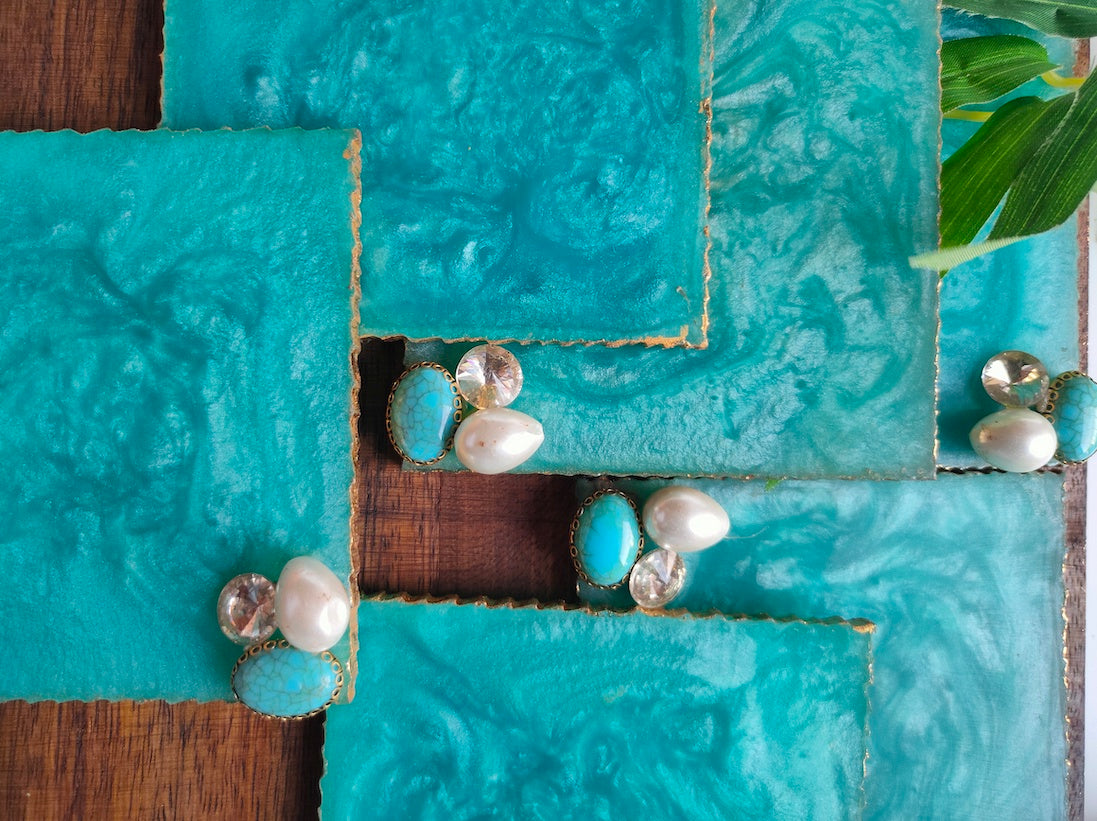 Turquoise Square Coasters with Gold Detailing and Stones (Set of 6)
