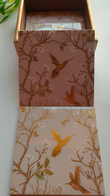 Wooden Coasters and Case with Gold Enamel Painted Nature Motifs (Set of 6)