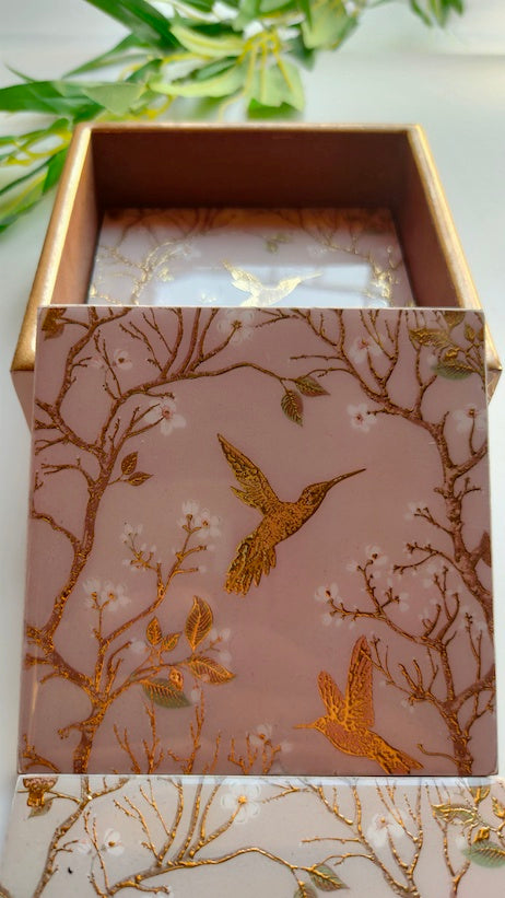 Wooden Coasters and Case with Gold Enamel Painted Nature Motifs (Set of 6)