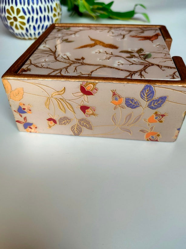 Wooden Coasters and Case with Gold Enamel Painted Nature Motifs (Set of 6)