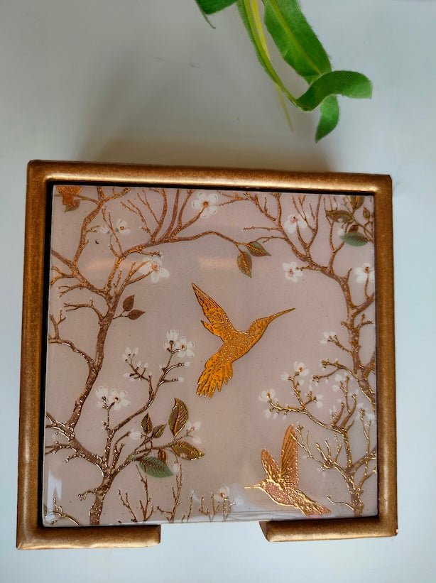 Wooden Coasters and Case with Gold Enamel Painted Nature Motifs (Set of 6)