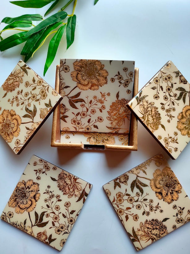 Wooden Coasters and Case with Gold Enamel Painted Flower Motifs (Set of 6)