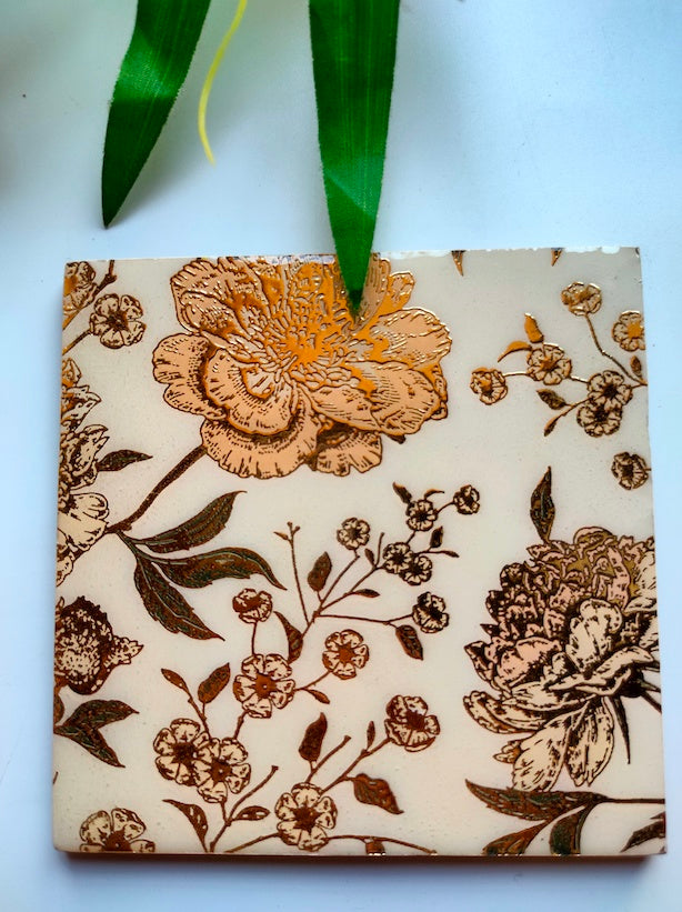 Wooden Coasters and Case with Gold Enamel Painted Flower Motifs (Set of 6)