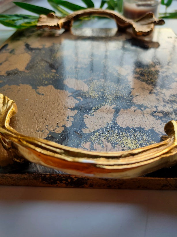 Premium Wood Serving Tray with a Splash of Colors and Gold Painted Handles