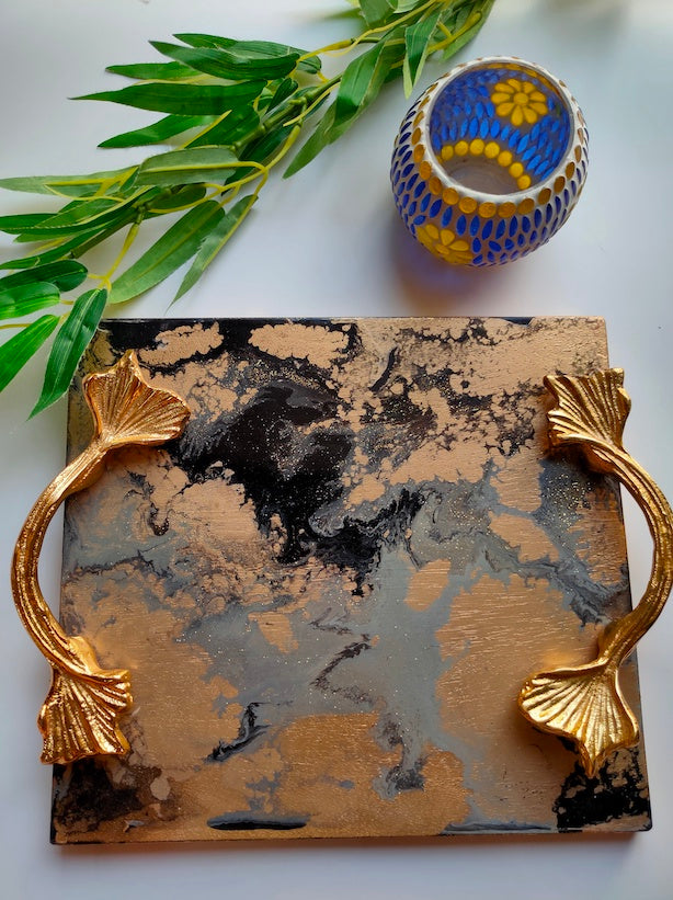 Premium Wood Serving Tray with a Splash of Colors and Gold Painted Handles