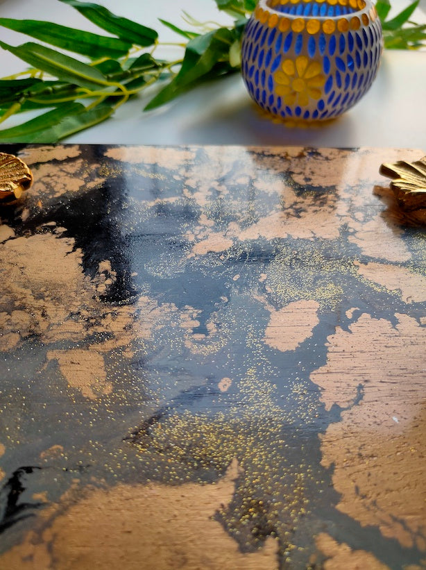 Premium Wood Serving Tray with a Splash of Colors and Gold Painted Handles