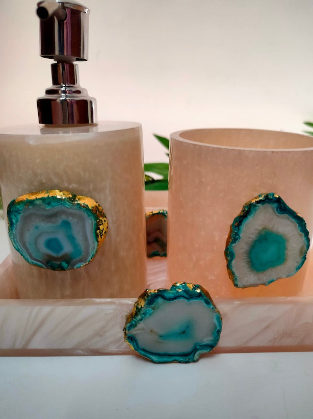 Set of 4 Premium Resin Bath Accessories - Soap Dispenser, Soap Tray, Brush Holder and Tray