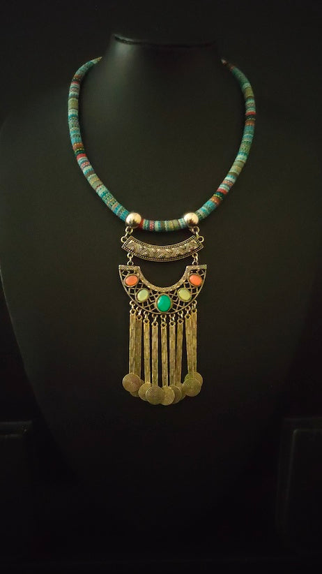 Hasli Necklace with Multi-Color Stones and Metal Danglers