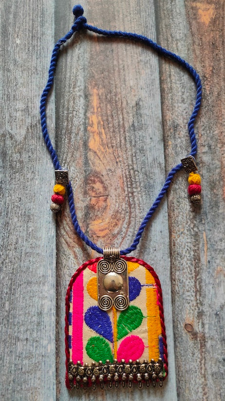 Hand Embroidered Fabric Necklace Set with Metal Accents