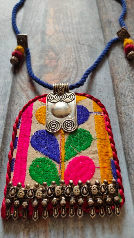 Hand Embroidered Fabric Necklace Set with Metal Accents