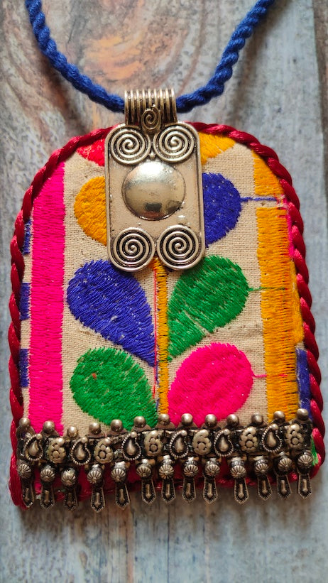 Hand Embroidered Fabric Necklace Set with Metal Accents