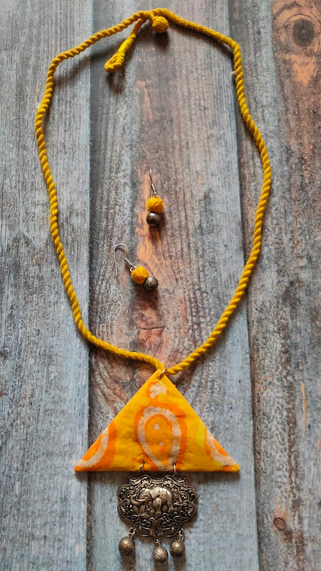 Sun Yellow Triangular Fabric Necklace Set with Metal Detailing