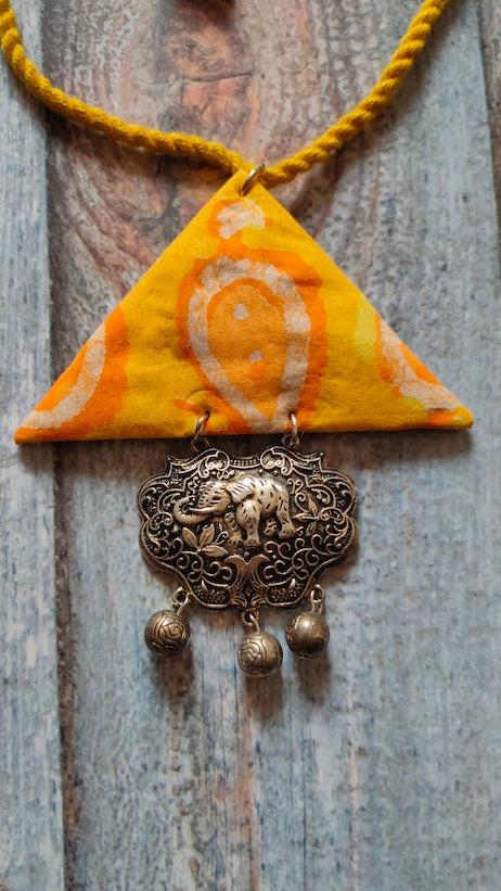 Sun Yellow Triangular Fabric Necklace Set with Metal Detailing