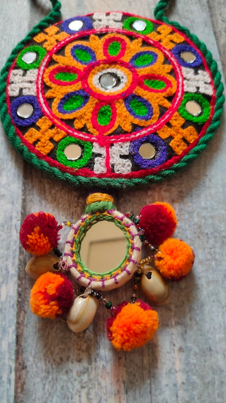 Hand Embroidered Mirror and Shell Work Fabric Necklace Set