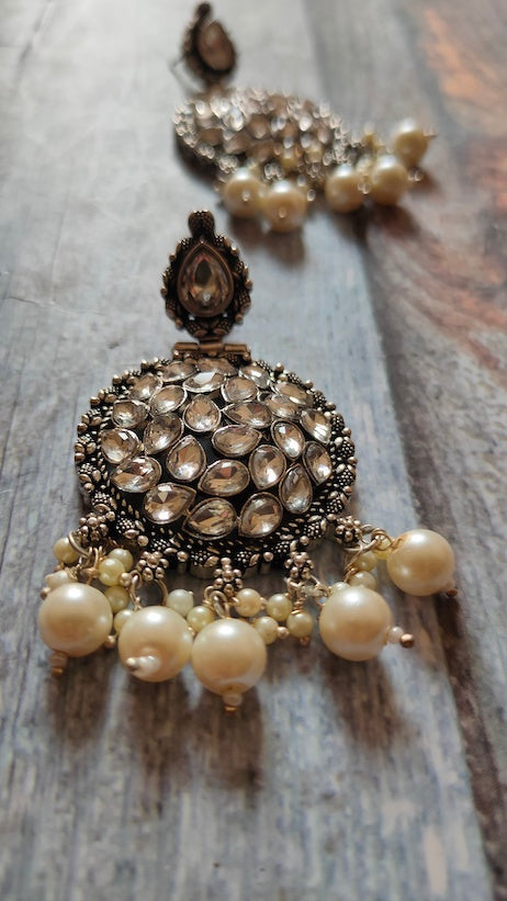 Rhinestones Embedded White Beads and Pearls Festive Earrings