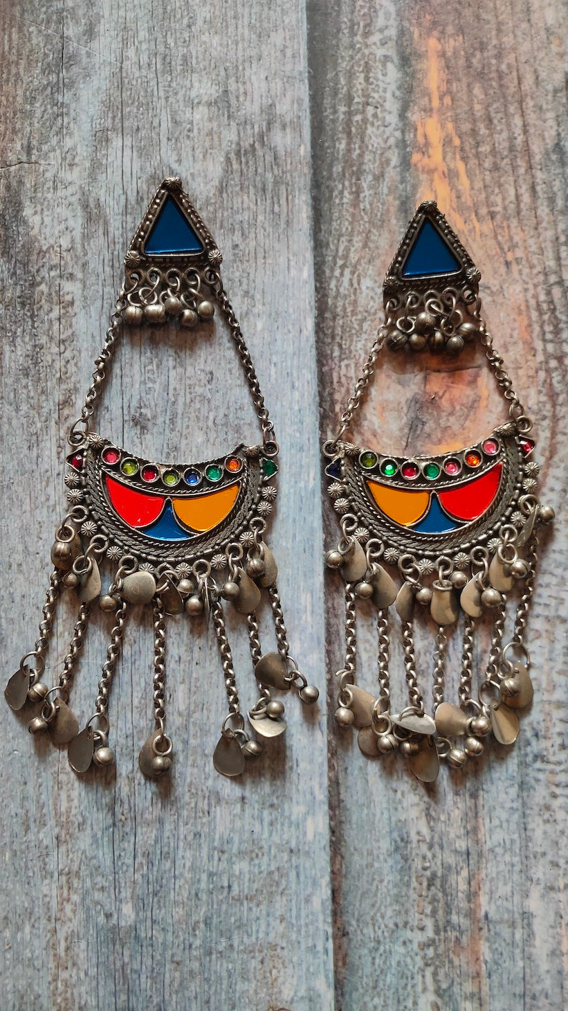 Long Half Moon Metal Strings Afghani Earrings
