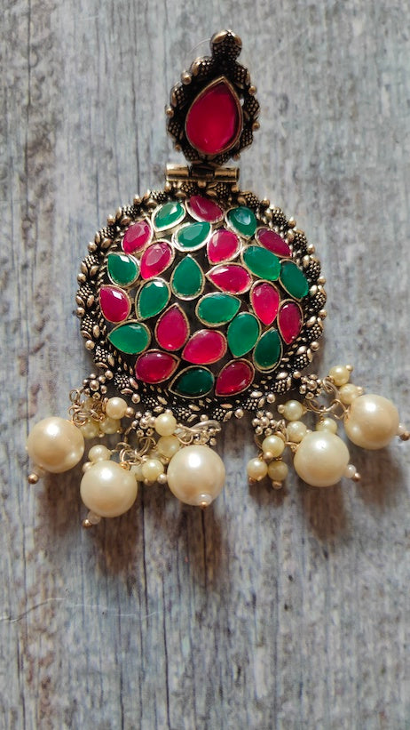 Red & Green Rhinestones Embedded Metal Earrings