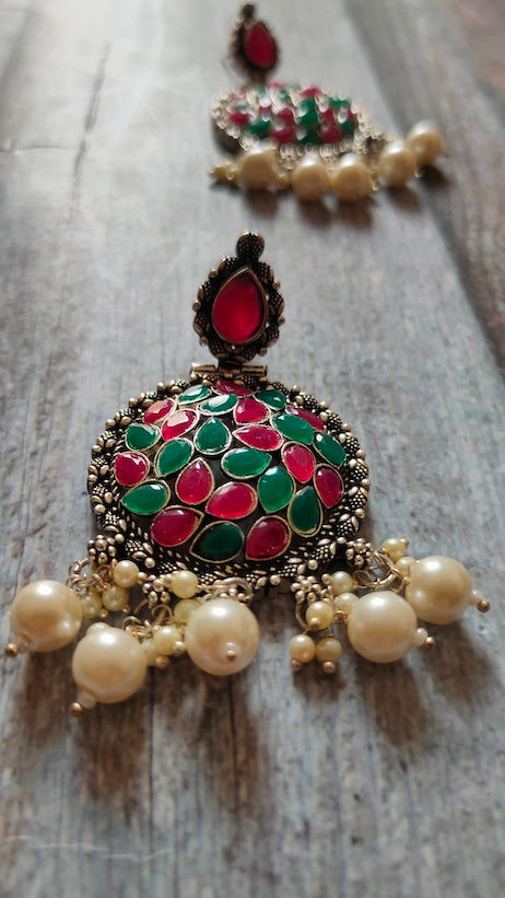 Red & Green Rhinestones Embedded Metal Earrings